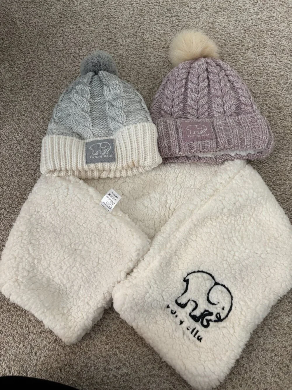 NWOT Ivory Ella Hats and neck scarf